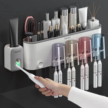 Drill-free toothbrush holder, wall-mounted, bathroom shelf with 1 automatic toothpaste dispenser, 6 brush hooks, 1 cosmetic drawer, organizer, and ample storage space (1 dispenser + 3 cups)
