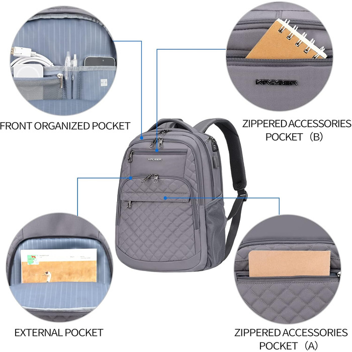 Рюкзак для ноутбука KROSER 17.3'' - бізнес, шкільний, туристичний з USB та RFID-захистом (сірий)