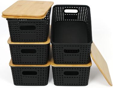UHAPEER Storage Box with Bamboo Lid, 6 Pack Storage Basket, Plastic Basket Storage, Kitchen Organizer White, Stackable Storage Boxes, Box with Lid 25.6 x 18 x 10.7 cm (Black)