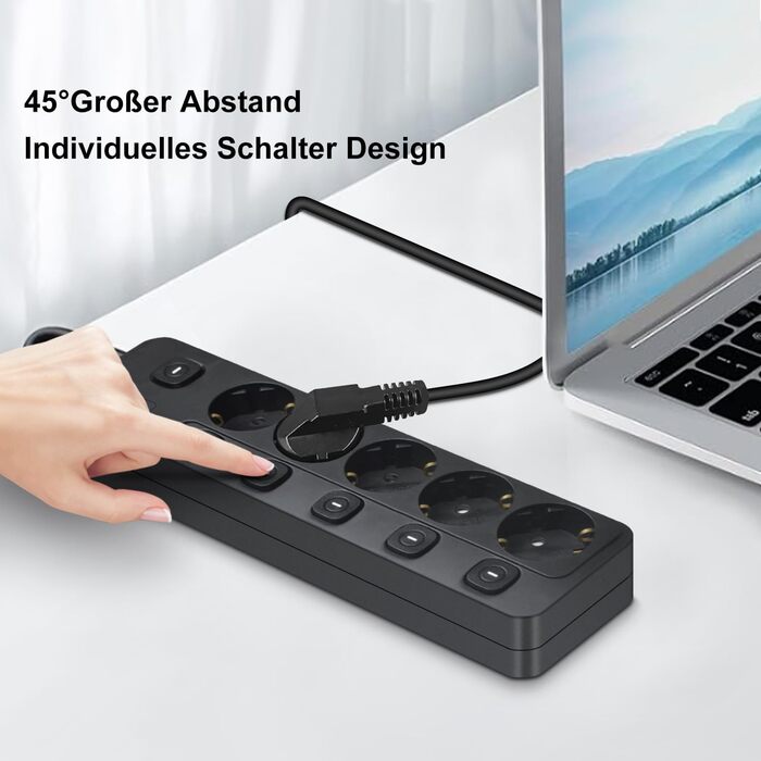 Мережевий фільтр 5-портовий з USB-A та USB-C, з індивідуальним вимикачем, захист від перенапруги, для дому та офісу (3M)