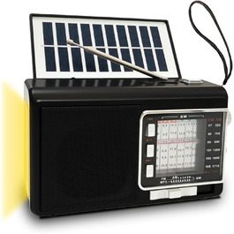 Портативне радіо на сонячній батареї з акумулятором 1200mAh, AM/FM/SW1-6, 8W динамік, Bluetooth, USB/TF, ліхтарик, кофр-радіо для кемпінгу та надзвичайних ситуацій (Чорний)