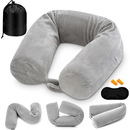 Подушка для шиї у вигляді U, Memory Foam, з чохлом, навушниками, маскою для сну, сіра. Для подорожей, авто, офісу