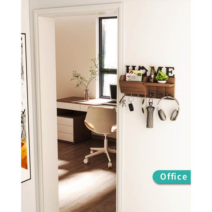 Держатель для ключів HapiRm з декором HOME, дерев'яне ключниця з 7 гачками, з полицею. Підходить для входу, передпокою, спальні, офісу, коричневий