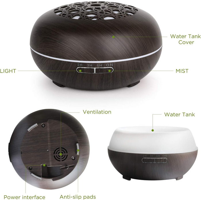 Аромадифузор WD&CD 550 мл з пульт дистанційного керування, ультразвуковий зволожувач повітря, дифузор для ефірних олій, 7 кольорів LED, автоматичне відключення - білий (темно-коричневий)