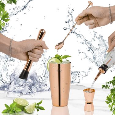 ONVAYA® Cocktail Set in Rosé-Gold | Cocktail Gift Set with Bamboo Holder | Cocktail Shaker Set | Professional Bartender Set | Moscow Mule Mugs (Cocktail Set)