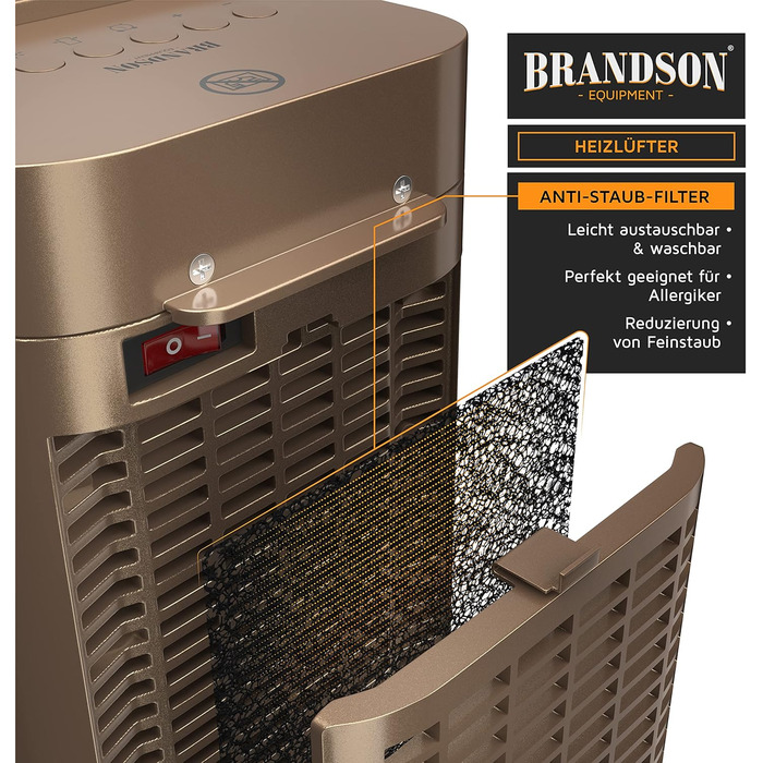 Керамічний обігрівач Brandson з дистанційним керуванням, для ванної кімнати, енергозберігаючий, тихий, з осциляцією, 2 режими нагріву, таймер, сертифікат GS, колір золото