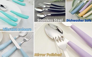 EXZACT 24-Piece Cutlery Set - Stainless Steel with Vividly Colored Plastic Handles - Comfortable to Hold - 6 x Forks, 6 x Knives, 6 x Dinner Spoons, 6 x Teaspoons (Mixed Color x 24)