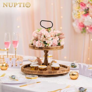 Двоярусна підставка для тортів NUPTIO з дерева, дерев'яна підставка для чаювання, рустикальна підставка для тортів у стилі ферми, солодкий стійкий стійка з металевою ручкою для весілля, дня народження, Різдва, Хелловіна, вечірки, світло-коричнева