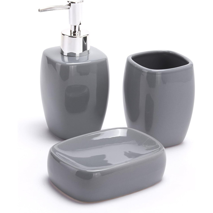 Аксесуари для ванної кімнати MSV Keramik - набір 3 шт: дозатор для мила, мильниця, стакан для зубних щіток сірого кольору
