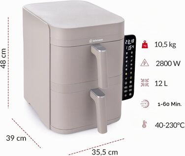 Аерофритюрниця з двома камерами LEHMANN XXL 12L, безмасляний Airfryer на 2800 Вт, 10 програм, антипригарне покриття, бежевий