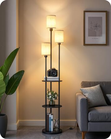 Стельова лампа для вітальні з поличкою, 3-хламкова лампа на ніжці з полицею Vintage, Бохо підлогова лампа з дерева з вимикачем на ніжці, патрон E27, ретро-дизайн, рустикальний коричнево-бежевий колір ZEF53LDD05 (Бежевий, Чорний)