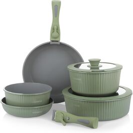 Набір каструль Kasanova Eaziclip 9 шт. з керамічним покриттям, індукційні, знімні ручки, антипригарні, з кришками (зелений)
