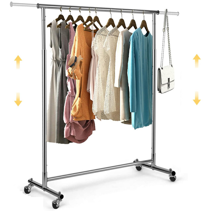 VOWNER Clothes Rack, Clothes Rail, Coat Rack, Rolling Garment Rack, Adjustable Height and Extendable, Adjustable Clothes Rod, (90-132) x 40 x (113-170) cm, Chrome-plated Metal