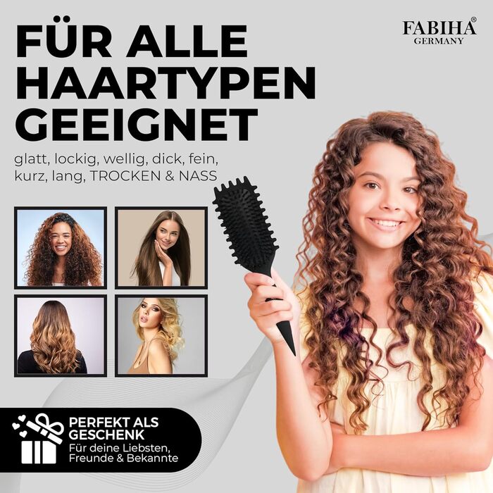 Щітка для волосся Lockenbürste Premium - для кучерявого волосся, біо-щітка з щетиною дикого кабана, оригінальна 3-в-1 для створення локонів (чорна)