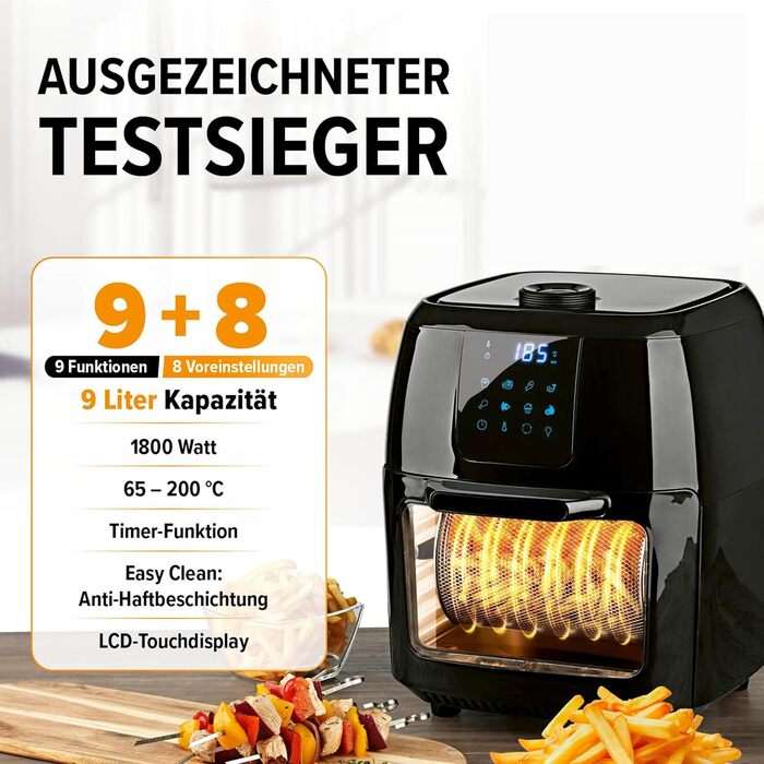 Gourmetmaxx Digital Hot Air Fryer XXL - 9L Oven | Air Fryer with Timer Function, Touch Display, Rotisserie, Skewers | Low-Fat, Energy-Saving Frying | 8 Programs, 1800 W Black 9 Liters
