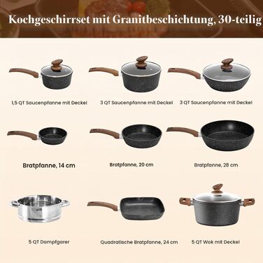 Набір посуду Kitchen Academy з гранітним антипригарним покриттям для індукційних плит, 17 предметів, чорний