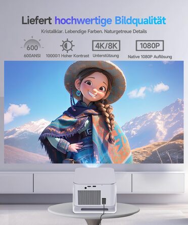 Проектор Alwtniet Mini Beamer 4K 8K з Android 14, WiFi 6, Bluetooth 5.4, Автофокус та Автокорекція, 180° поворот, для домашнього кінотеатру, HY350MAX
