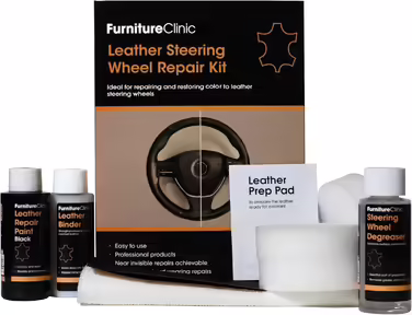 Leather Steering Wheel Repair Kit (black) – removes grease deposits, repairs damage, and restores the color on any worn leather steering wheel.