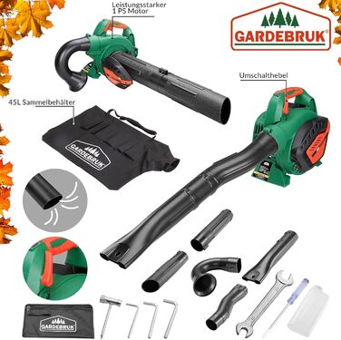 GARDEBRUK® 4-in-1 Leaf Blower - Gasoline, Blowing Speed 68m/s, 45L Collection Bag Included, Leaf Blower, Shredder, Garden Vacuum