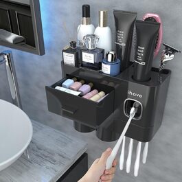 iHave Toothbrush Holder Wall Mount Black, Bathroom Toothbrush Holder with Toothpaste Dispenser, 2 Cup Toothbrush Holder with Drawer, Large Capacity Toothbrush Organizer Bathroom
