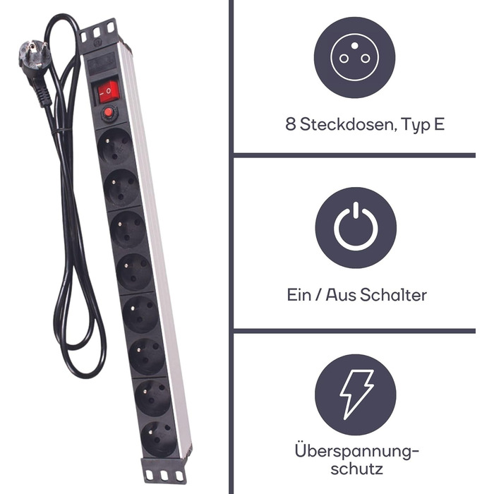Розподільник живлення Perel PDU з 8 розетками типу E, вимикач та захист від перенапруги, кабель 2.15 м, 3680 Вт для 19-дюймової стійки, серверної, офісу та IT-середовища