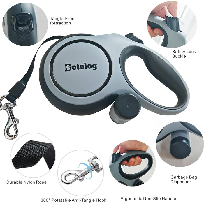Висувна собача шлейка 8м, рулетка для собак з подвійною шлейкою, безпечна рулетка з пряжкою, для середніх та великих собак (сірий/чорний), 8м