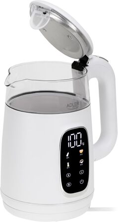 Електричний чайник Adler з регулюванням температури 2200W, 1.7L з LED-дисплеєм та сенсорною панеллю, 5 температурних програм, функцією підтримання тепла, з фільтром (Білий, Сріблястий)