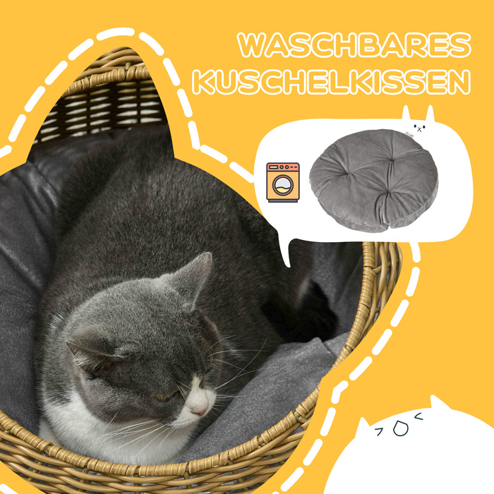 PawHut Rattan Cat Basket Cat House with Cushion for Cats up to 4 kg, Indoor Cat Cave made of PE Rattan, Ø50 x 31 cm, light brown for cozy retreats