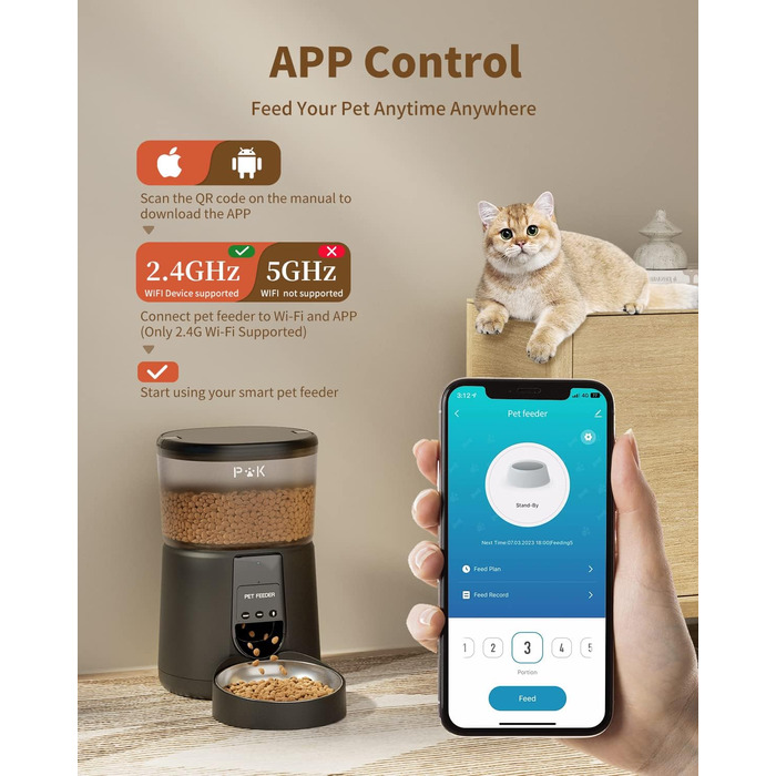 Автоматичний годівниця для котів PUPPY KITTY з камерою 1080P, WiFi, моніторингом відео та аудіо, нічне бачення, миска з нержавіючої сталі, 1-8 прийомів на день (Чорний)