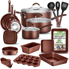 NutriChef 20-Piece Cookware Set - Pot Set, Frying Pan Set & Baking Set Non-Stick | PFOA/PFOS-Free | Induction Pots & Pans, Round Cake Pan, Loaf Pan, Casserole Dish, Muffin Tin, Baking Sheet Brown