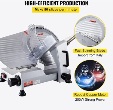 Електричний слайсер VEVOR 340W для м'яса, сиру, овочів - професійний шматовийник з лезом з вуглецевої сталі 25,4 см, регулювання товщини 0-15 мм