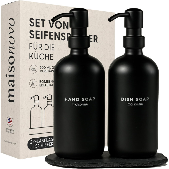 MaisoNovo Soap Dispenser Set - Soap Dispenser Kitchen - 500 ml Amber Bottles, Black Pumps, Glass Pump Dispenser, Soap Dispenser Set, 2-Piece Set and Concrete Tray - Dish Soap Dispenser Kitchen (Black Glass / Black Pump + Slate Tray)