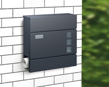 Поштова скринька BASI з м'яким закриттям, оглядовим вікном та табличкою для імені, DIN A4, з 2 ключами, вбудованим відділенням для газет, антрацит, настінна (H37x37x10.4 см)