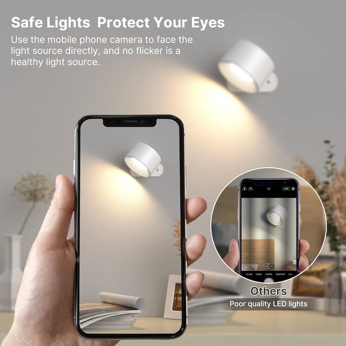 LED настінне освітлення Mexllex: 2 шт., USB-зарядка, 3 кольори, 3 режими яскравості, 360° поворот, сенсорне керування, бездротове, білий