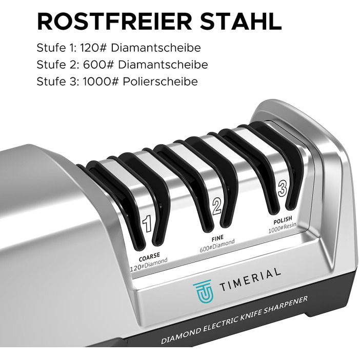 Електричний точило для ножів TIMERIAL з алмазними дисками 3-х ступенів, 15° кут, для сталевих кухонних ножів, 120/600/1000 grit