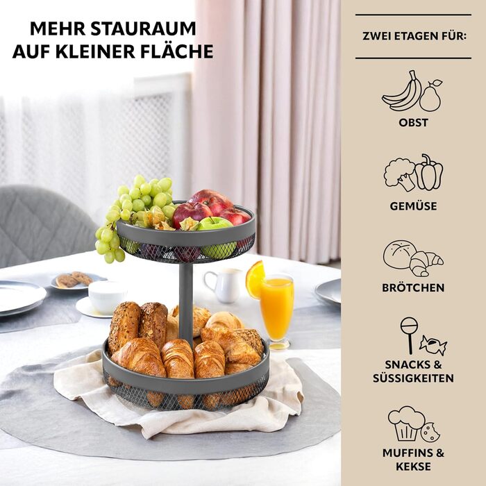 Двоярусна кругла підставка для фруктів та хліба Eluno, металева, сіра