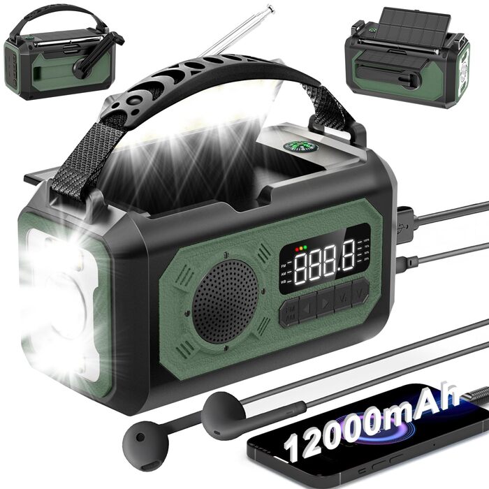 Радіо на сонячних батареях з ручним заводом 12000 mAh, AM/FM/NOAA, ліхтарик, SOS, Power Bank, зелений – для дому та подорожей
