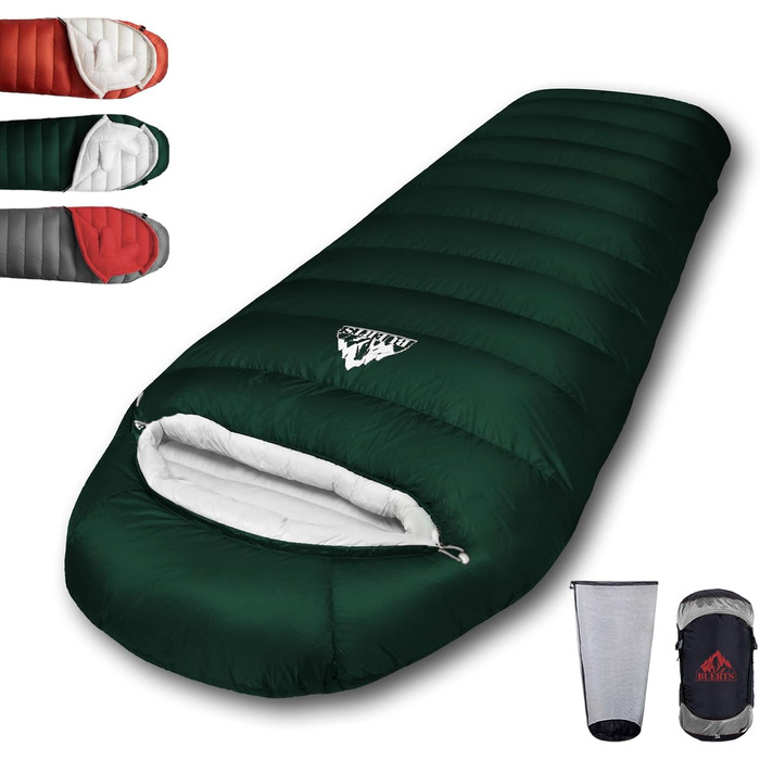 Пуховий спальний мішок для дорослих, преміум-якість 680FP, зимовий для кемпінгу та подорожей, з компресійним мішком. -10°C, сірий (-4°C, зелений)