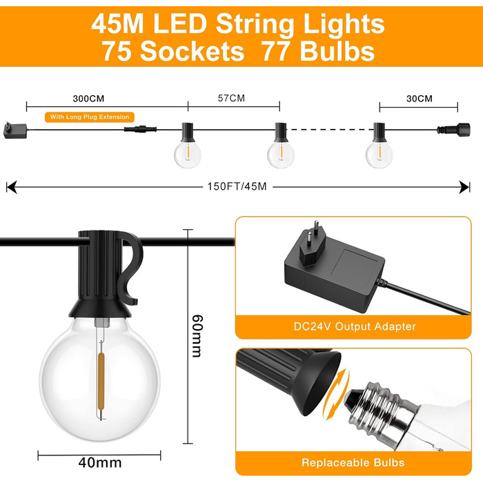 LED гірлянда GLUROO для вулиці, 7.6м, 12+1 лампочки G40, тепле світло, вологостійка, для саду, вечірок, диммер