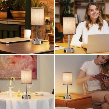 LED-лампа на тумбочку з торшером, сенсорне керування, USB-порт A+C, тканинний абажур, металева основа, для спальні, офісу, вітальні, з лампочкою (сіра)