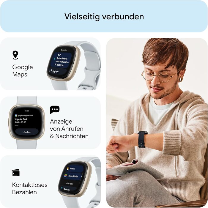 Розумний годинник Fitbit Sense 2 – фітнес-трекер з GPS, EKG та аналізом сну – сумісний з Android/iOS – колір Nebelblau (туманно-блакитний)