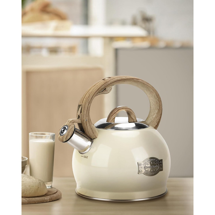 Чайник Teekessel 2.1 л з плитою, чайник з нержавіючої сталі з дерев'ястим декором, складаний ручка, для всіх типів плит (білий)