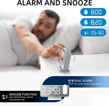 Exmate Projection Alarm Clock, Digital Alarm Clock with Projection, USB Charging Port, 7.5'' Large Mirror-LED Display, Snooze Dual-Alarm, Adjustable Brightness (White with Adapter)