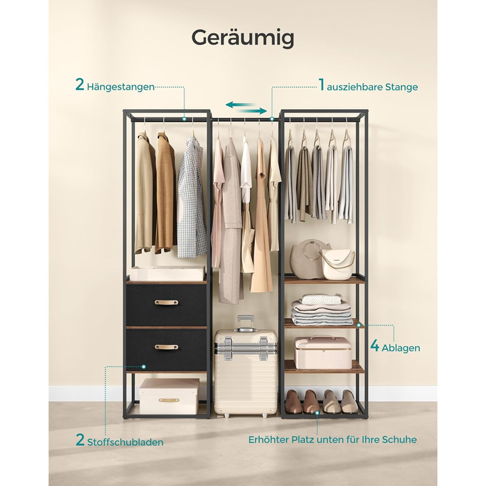 SONGMICS Clothes Rack, Open Wardrobe, Sturdy Coat Rack with 1 Extendable Rod, 2 Drawers, 4 Shelves, for Bedroom, Space-Saving, RGR003W67 (Vintage Brown)