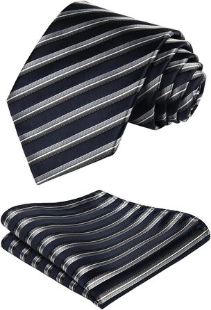 HISDERN Комплект краватки та нагрудного хустинки в смужку: темно-синій та сірий | Чоловіча краватка для весілля