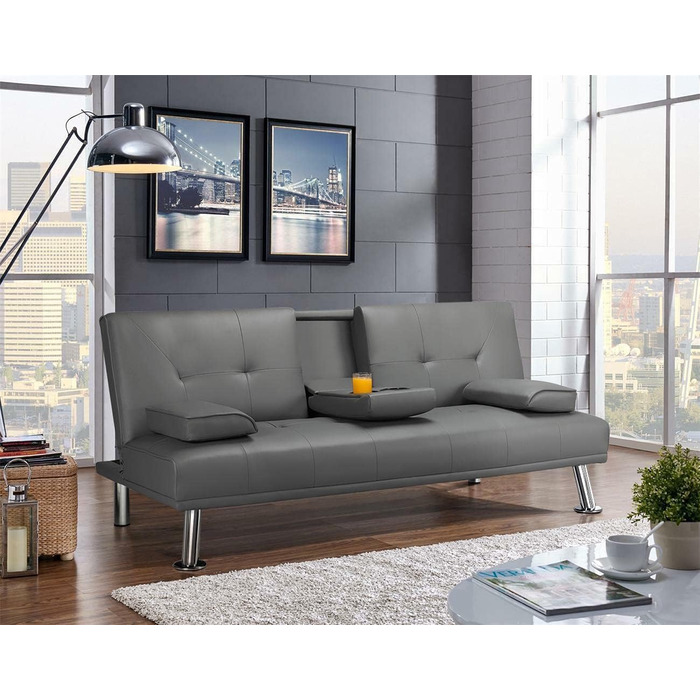Yaheetech 3-Seater Convertible Sofa Bed with Cup Holders and Reclining Backrest