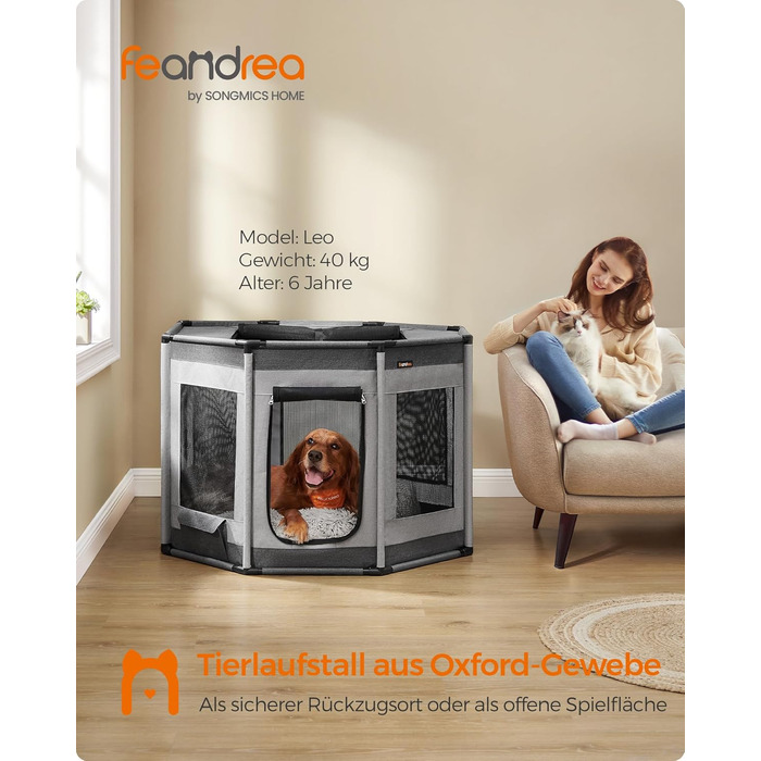 Клітка-вольєр для цуценят Feandrea Oxford, восьмикутна, XL, 112 x 112 x 76 см, з PVC-каркасом та дихаючою сіткою, з кишенею, сіро-сіра, PDC006G01 XL