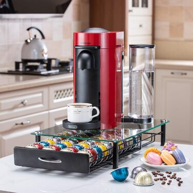 Підставка для капсул кави FlagShip, органайзер для Nespresso Vertuo, чорний металевий ящик на 40 капсул (з скляною кришкою)