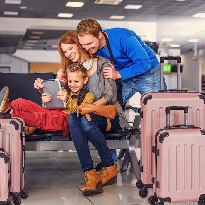 Набір валіз Arebos 4шт. з ABS-пластику | Чемодан-ролер з телескопічною ручкою | З замком-блискавкою, 360° колесами | Розміри S-M-L-XL | (Рожево-золотий)