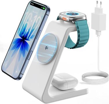 GEEKERA 3-в-1 зарядний пристрій Qi2 з MagSafe, 15W індукційна станція для iPhone 17/16/15/14/13/12, Apple Watch 11-2 та AirPods, білий/сірий